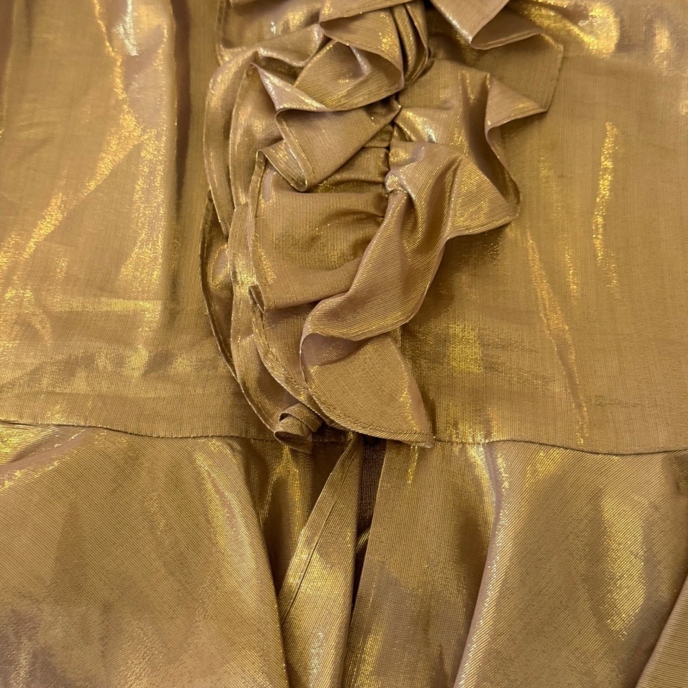 Lauren Ralph Lauren Gold Metallic Silk Blend Ruffle Peplum Blouse Top Size 16 - Picture 6 of 9